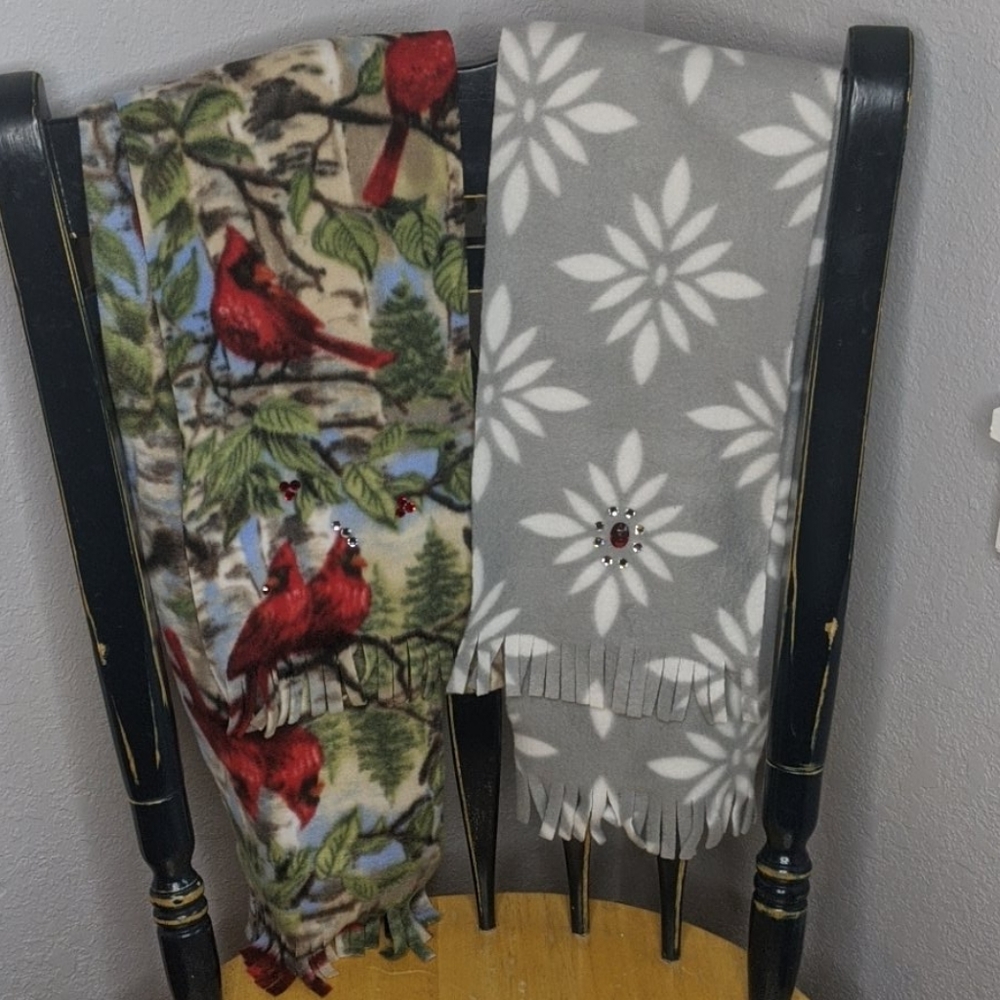 2 fleece holiday snowflakes & red cardinal scarfs